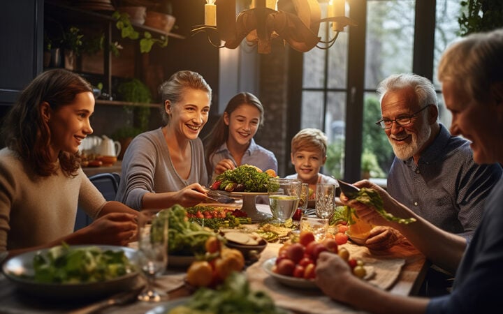 Family eating around table