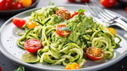 Zucchini Noodles with Pesto and Tomatoes - Plant-Based Cooking