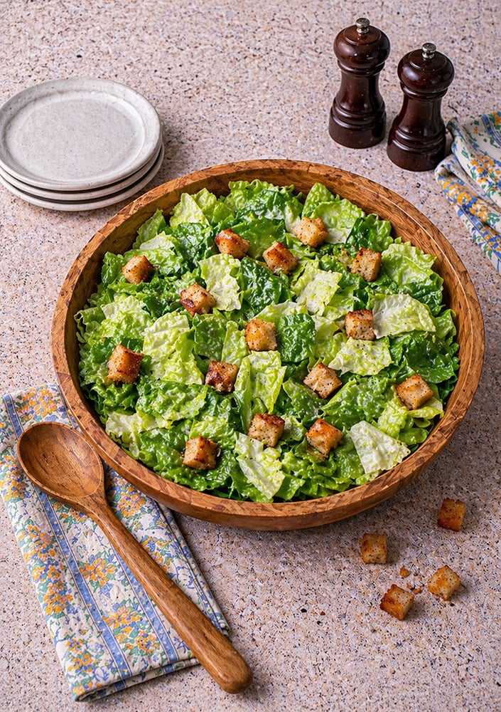 Caesar salad in wooden bowl